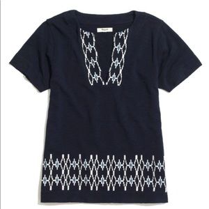 Madewell Boxstitch Slub Tunic Top Embroidered Split Neck Navy Blue Sz Large